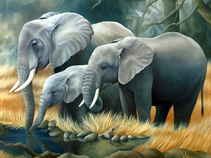 обоя рисованное, животные,  слоны, слоны