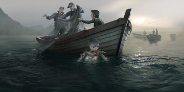 Картинка фэнтези существа существо сети рыбаки лодка