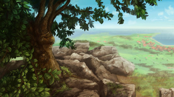 Картинка рисованное природа дома вид пейзаж камни скалы дерево поселение