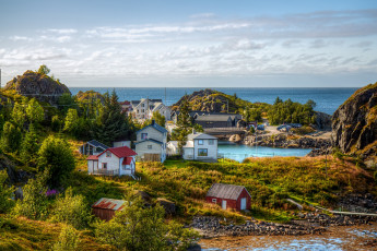 Картинка норвегия города -+пейзажи камни холмы дома деревья водоем