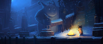 Картинка фэнтези существа снег девочка зима костер одиночество холод заброшенность ночь руины замок монстр арт ребенок