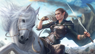 обоя фэнтези, эльфы, девушка, конь, воин, эльфийка