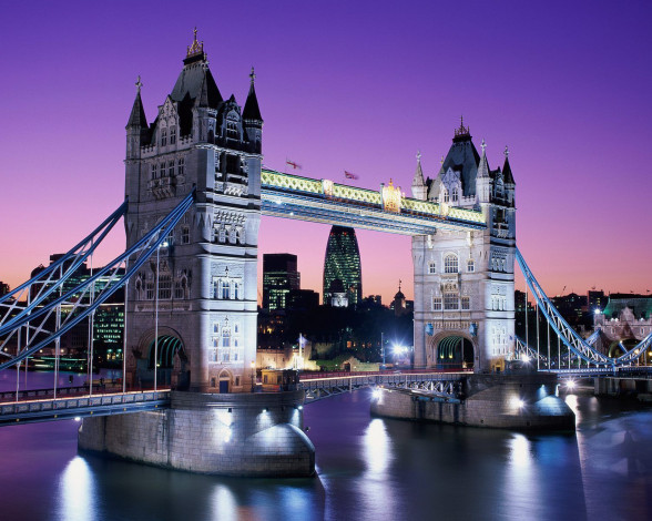 Обои картинки фото города, лондон , великобритания, tower, bridge, огни, река, дома, мост, темза, здания