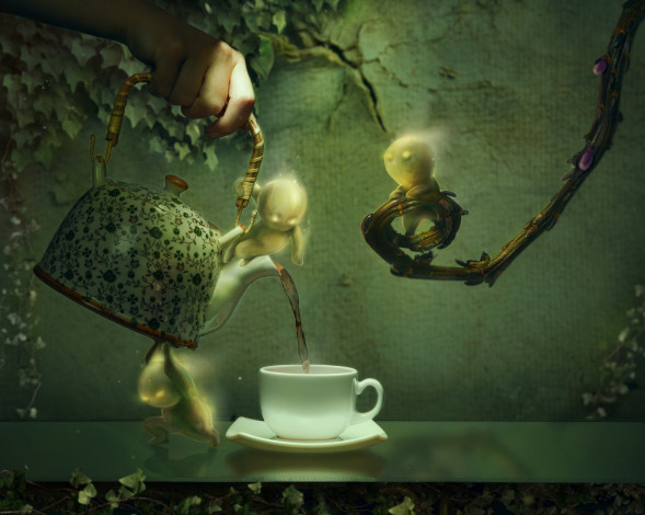 Обои картинки фото фэнтези, фотоарт, плющ, листья, чашка, чайник, чаепитие, рука, графика, ветки, человечки