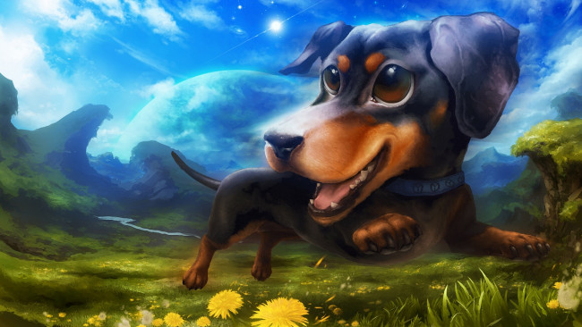 Обои картинки фото рисованное, животные,  собаки, небо, холмы, трава, одуванчик