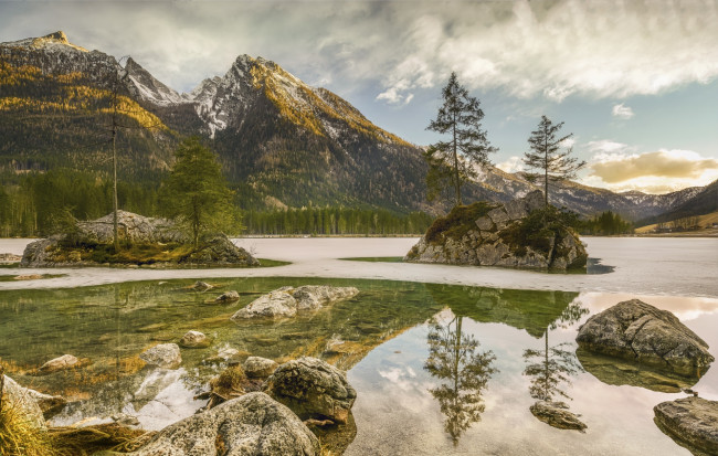Обои картинки фото германия, природа, горы, камни, водоем, облака, деревья