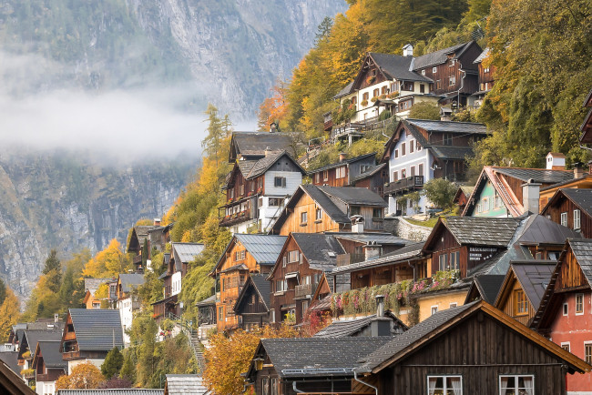 Обои картинки фото hallstatt, города, - панорамы, городок, озеро, горы