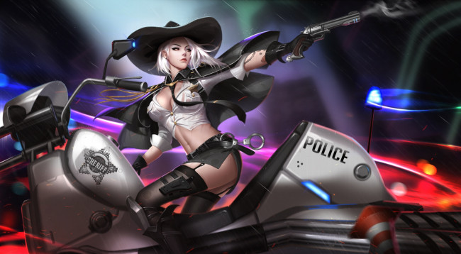 Обои картинки фото видео игры, overwatch, мотоцикл, оружие, девушка, шериф, шляпа