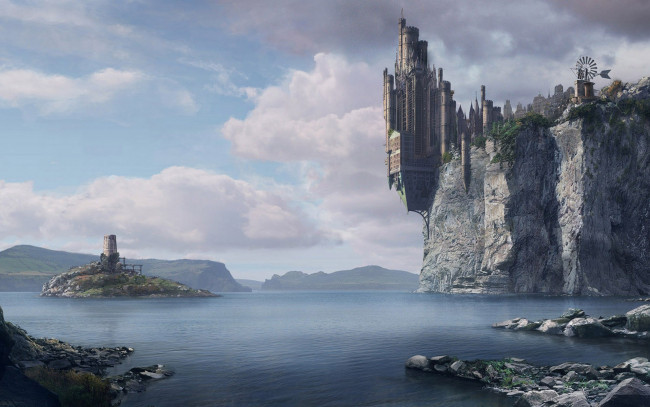Обои картинки фото фэнтези, замки, замок, скалы, остров, озеро