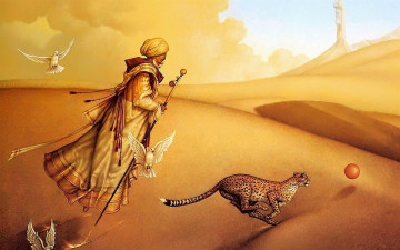 Картинка michael+parkes фэнтези маги +волшебники маг гепард пустыня голуби шар