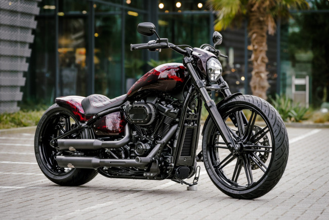 Обои картинки фото мотоциклы, harley-davidson, softial, brakout, 114, burning, skull, customized, custombikes