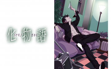 обоя аниме, bakemonogatari, комната, диван, лампа, клетчатый пол, бумажный самолетик, мужчина, araragi koyomi