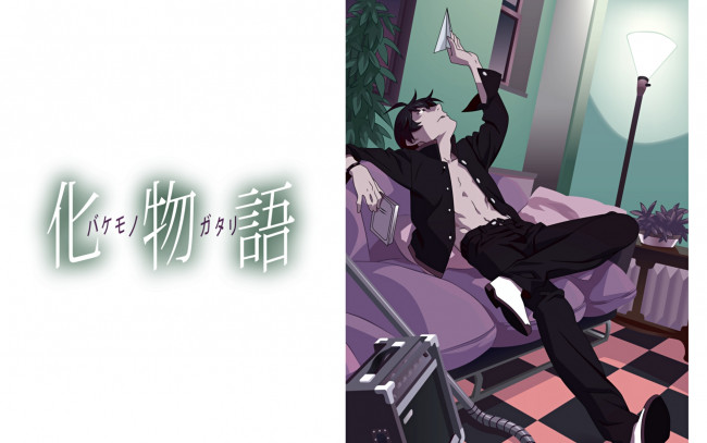 Обои картинки фото аниме, bakemonogatari, комната, диван, лампа, клетчатый пол, бумажный самолетик, мужчина, araragi koyomi