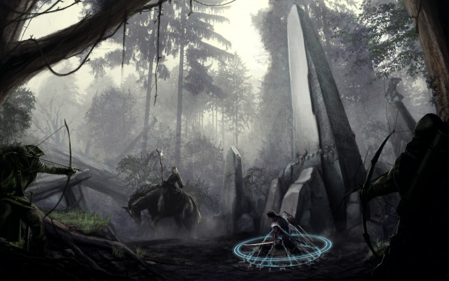 Обои картинки фото фэнтези, магия, обелиск, лес, лучники, пленник, всадник