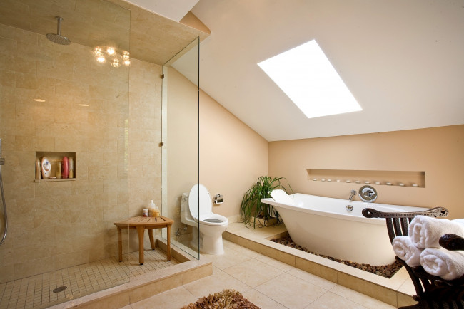 Обои картинки фото интерьер, ванная, туалетная, комнаты, унитаз, душ, ванна, вазон, полотенца