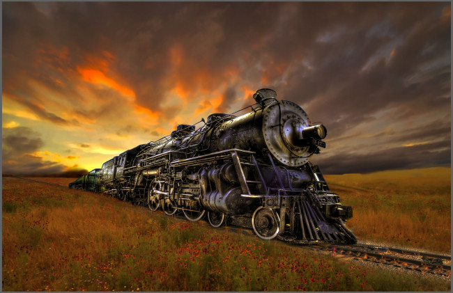 Обои картинки фото техника, паровозы, поезд, состав, луга, закат