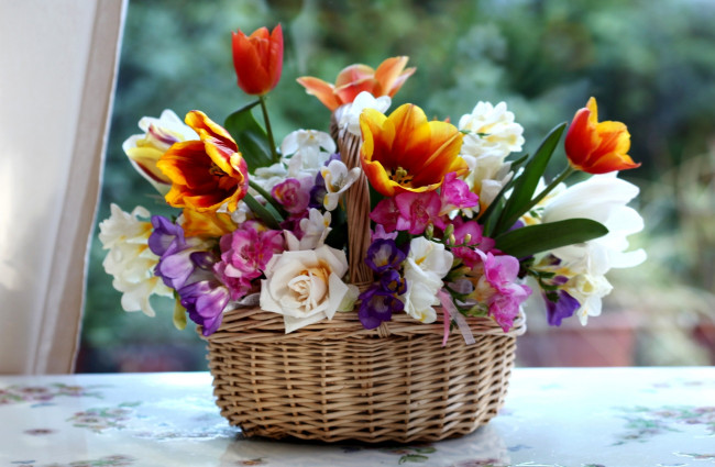 Обои картинки фото цветы, букеты, композиции, тюльпаны, розы, фрезии, корзинка