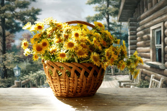 Картинка цветы корзинка изба