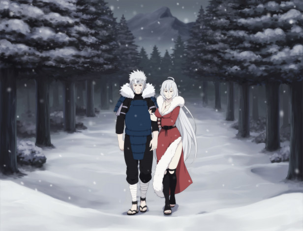Обои картинки фото аниме, naruto, горы, деревья, снег