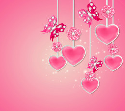 обоя праздничные, день святого валентина,  сердечки,  любовь, pink, love, hearts, butterflies, diamonds, design, sparkle, flowers