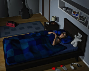 Картинка 3д+графика люди+ people девушка сон кровать наушники комната