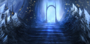 Картинка фэнтези иные+миры +иные+времена портал арка сияние зима горы