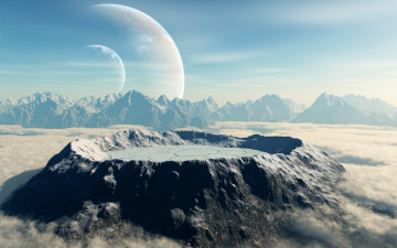 Картинка 3д+графика атмосфера настроение+ atmosphere+ +mood+ горы облака планеты кратер