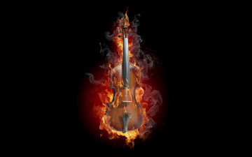 Картинка 3д+графика другое+ other скрипка инструмент дым пожар огонь пламя