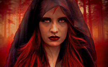 Картинка фэнтези маги +волшебники девушка ведьма глаза красные лес капюшон