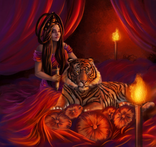 Обои картинки фото фэнтези, красавицы и чудовища, тигр, ложе, девушка, свечи