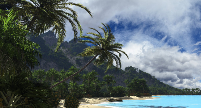 Обои картинки фото 3д графика, природа , nature, облака, холмы, лодка, тропики, пальмы, берег, море, природа