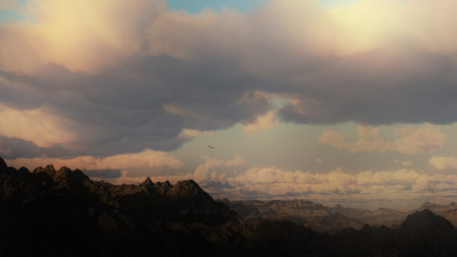 Обои картинки фото 3д графика, природа , nature, облака, горы, птица, небо