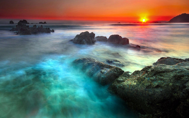 Обои картинки фото природа, побережье, камни, берег, море, солнце, закат