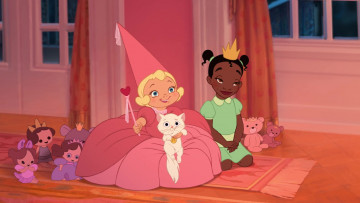 обоя мультфильмы, the princess and the frog, девочки, кошка, игрушки, платье