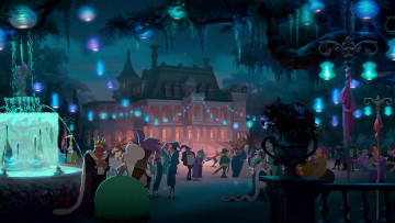 Картинка мультфильмы the+princess+and+the+frog дворец фонари фонтан люди