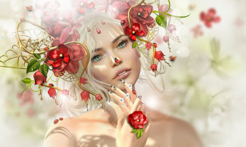 Картинка 3д+графика люди+ people 3д венок девушка блондинка графика божьи коровки украшения цветы