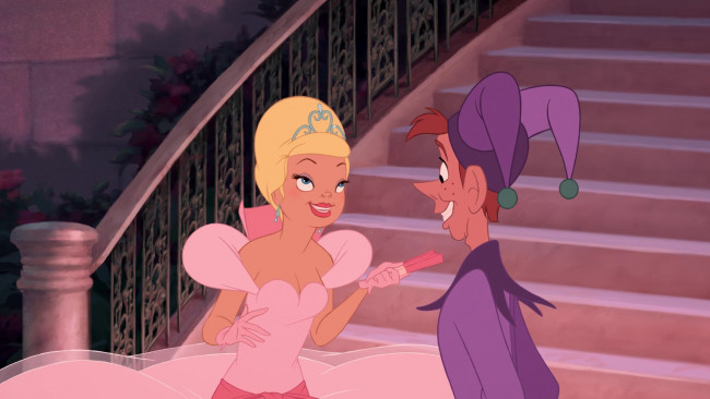 Обои картинки фото мультфильмы, the princess and the frog, ступени, принцесса, клоун