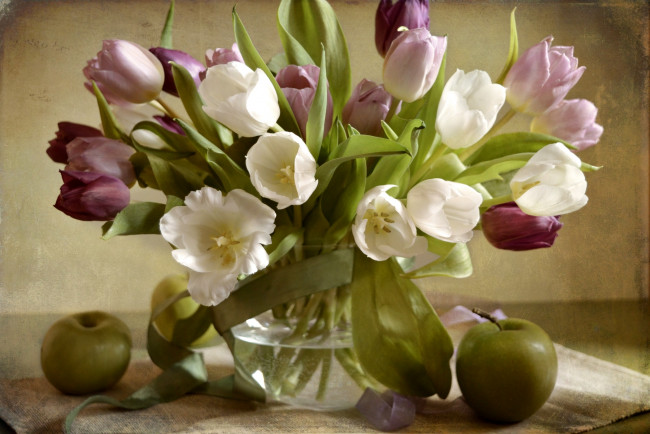 Обои картинки фото цветы, тюльпаны, текстура, яблоко, букет