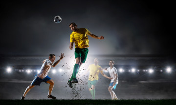 Картинка спорт футбол игра футболисты прыжок огни мяч