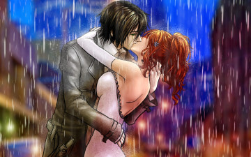 Картинка аниме bleach дождь парень девушка поцелуй