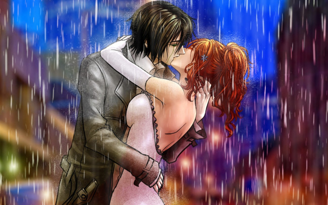 Обои картинки фото аниме, bleach, дождь, парень, девушка, поцелуй