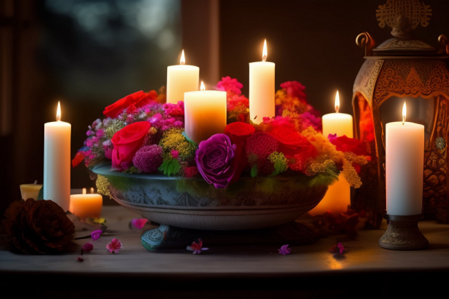 Обои картинки фото разное, свечи, розы, композиция, огоньки