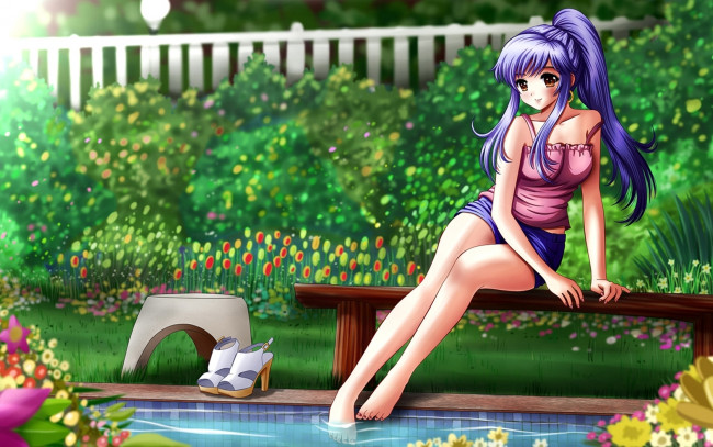 Обои картинки фото аниме, *unknown, другое, скамейка, бассейн, парк, девушка, ilolamai, лето, лавочка, цветы, обувь, забор, вода