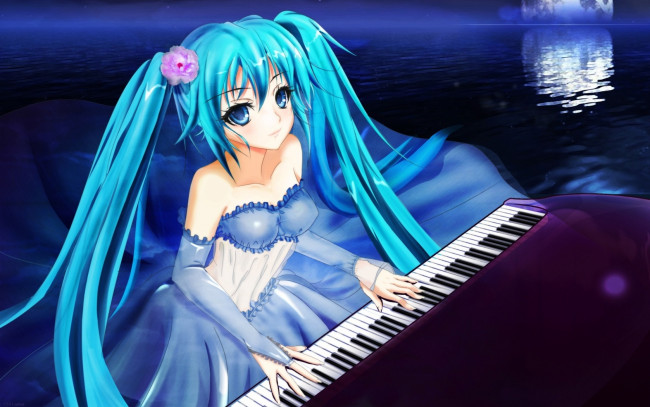 Обои картинки фото аниме, vocaloid, луна, озеро, ночь, пианино, рояль, hatsune, miku