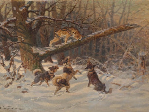 Картинка рисованные ефим тихменев загнанная собаками рысь
