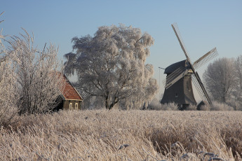 обоя разное, мельницы, grass, windmill, house, ice, trees, winter