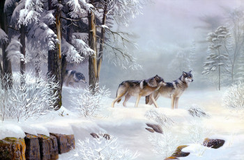 обоя рисованные, leo, stans, волки, зимой