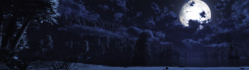 Картинка фэнтези пейзажи упряжка луна лес озеро ночь