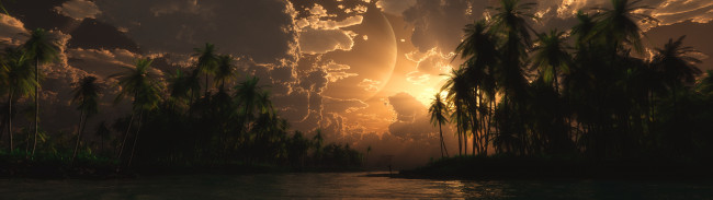 Обои картинки фото фэнтези, пейзажи, ночь, океан, острова, пальмы, планета