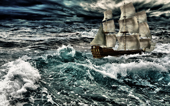 Обои картинки фото storm, корабли, 3d, шторм, парусник, океан